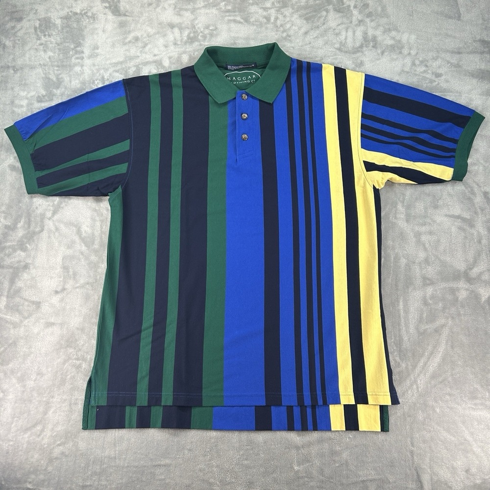 Vintage 90's Haggar Polo Shirt Sz Large Striped Colorblock Retro Deadstock